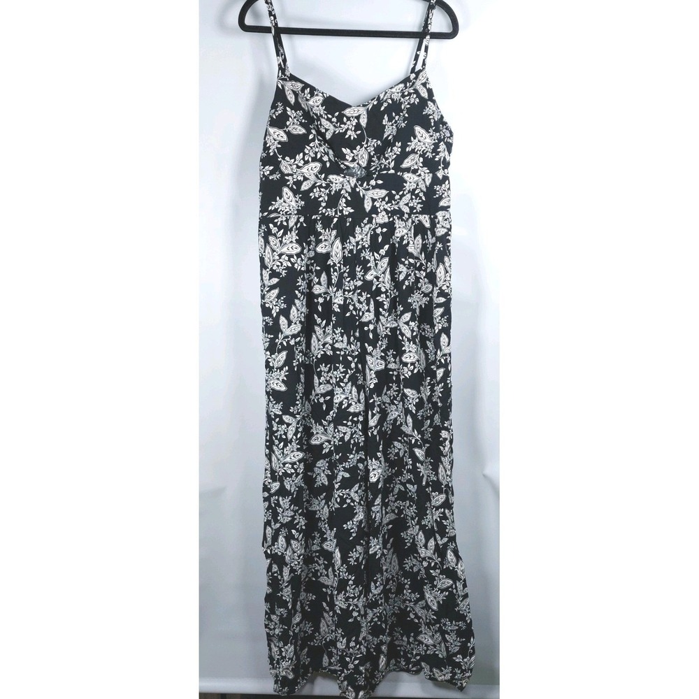 Luxology Floral Jumpsuit Womens PXL Black White Straps Pockets Cropped Wide Leg